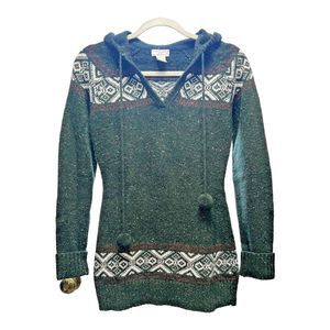 Kenji Natural Wool Blend Hooded Sweater w/ Pom Pom Ties Green Vintage Sz M VTG‎
